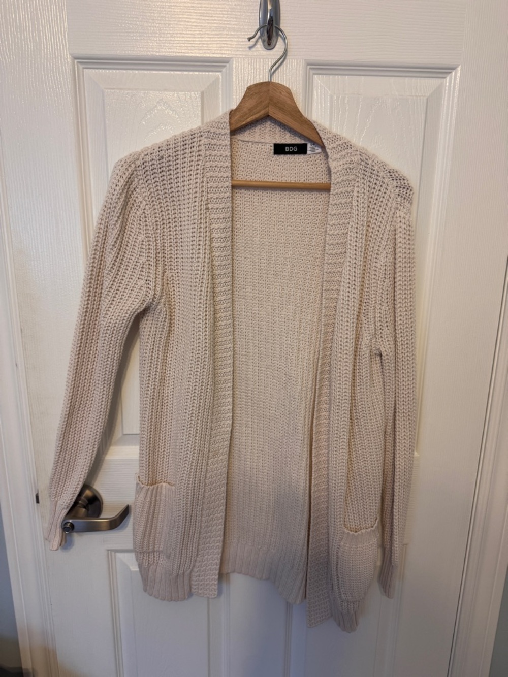 BDG Light Cream Open-Front Waffle Knit Cardigan